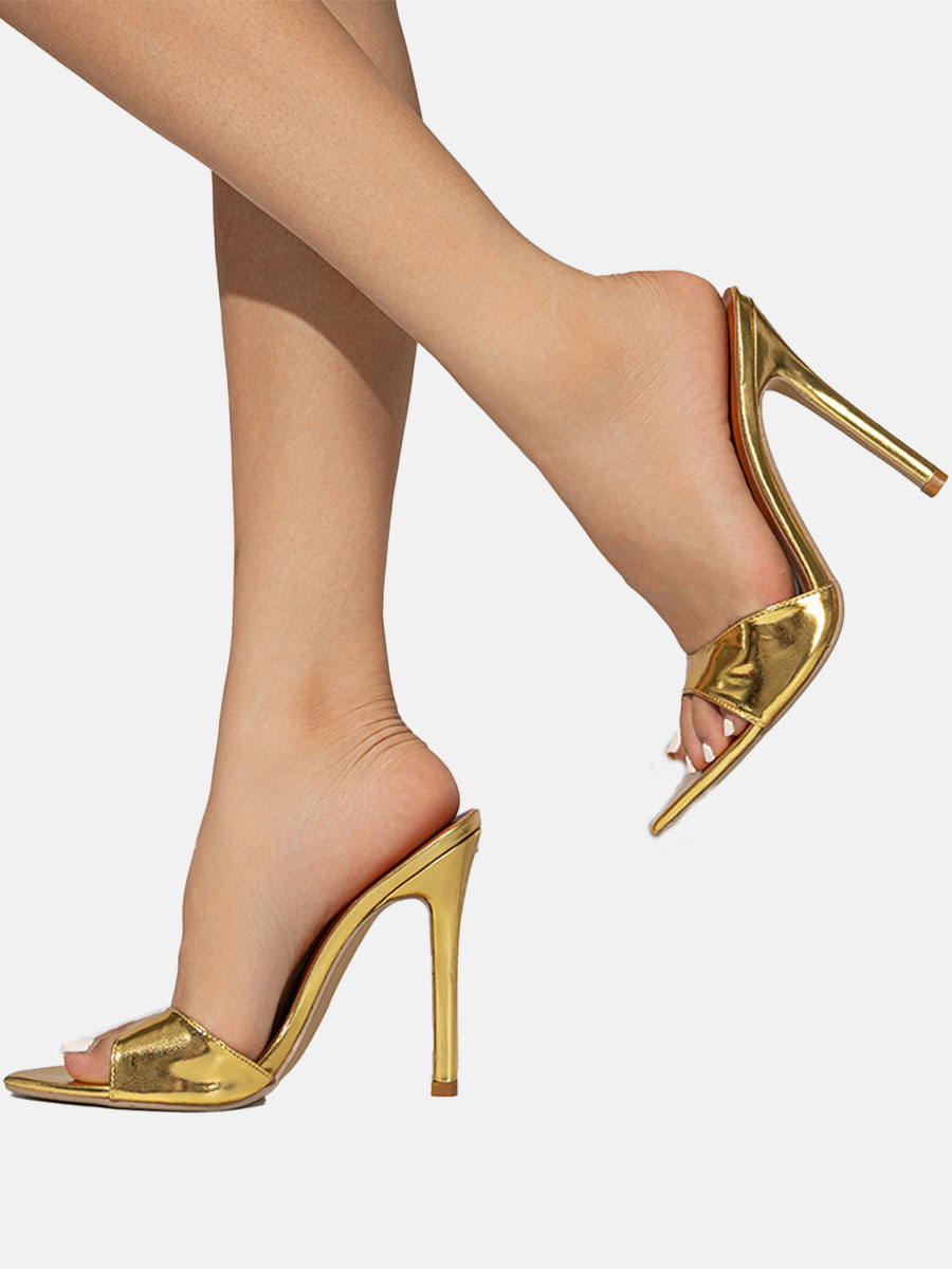 Women’s Gold Mules Open Toe 4.3 Inch Stiletto Heels Sandals