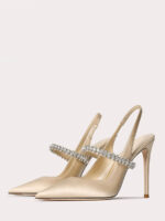 Women’s Mary Jane Pumps Pointed Toe Rhinestones Slip‑On 4 Inch Stiletto Heels Slingbacks
