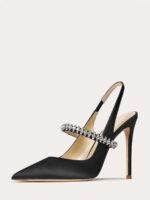 Women’s Mary Jane Pumps Pointed Toe Rhinestones Slip‑On 4 Inch Stiletto Heels Slingbacks
