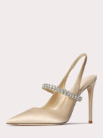 Women’s Mary Jane Pumps Pointed Toe Rhinestones Slip‑On 4 Inch Stiletto Heels Slingbacks