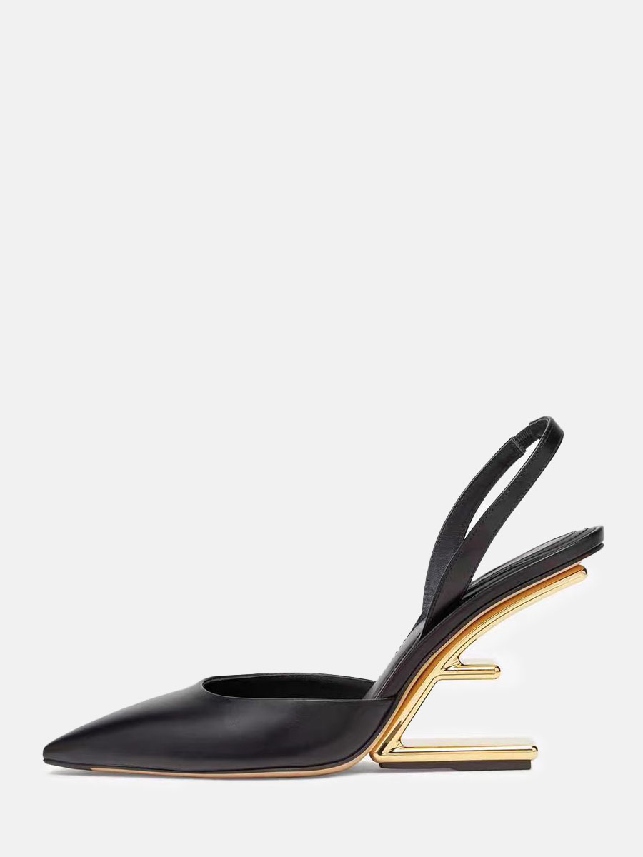 Women’s Slingback Mules Pointed Toe 4 Inch E‑Shaped Golden Heeled Pumps