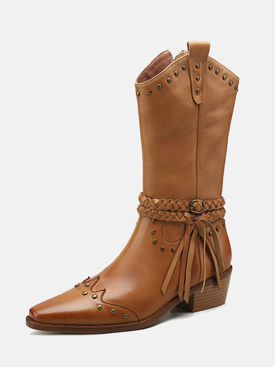 Women's Brown Cowhide Leather Studs Tassels Block Heels Mid Calf Western Boots