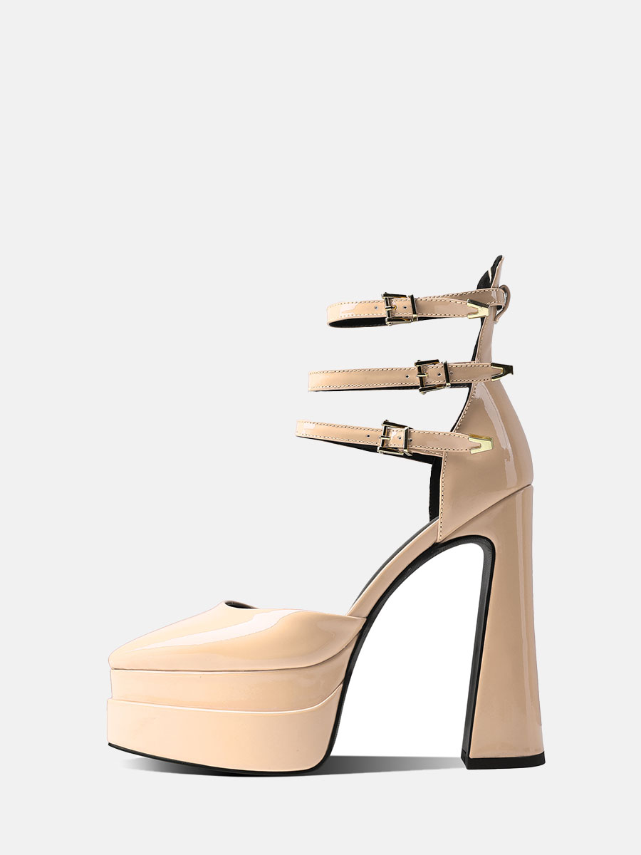 Women's Apricot Patent Microfiber Ankle Strap Platform Chunky Heels