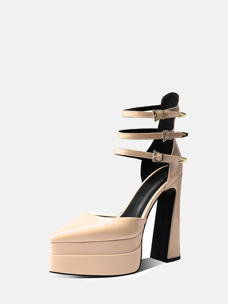Women’s Apricot Patent Microfiber Ankle Strap Platform Chunky Heels
