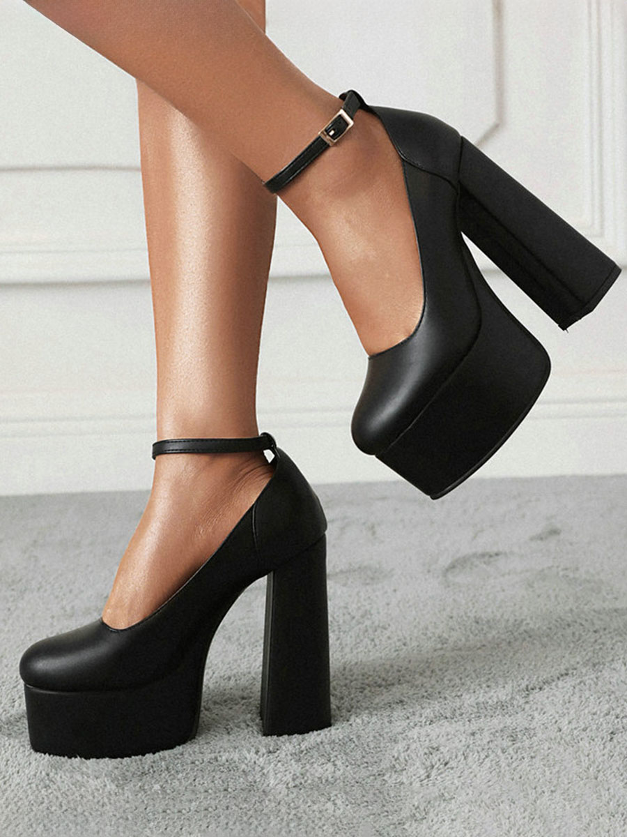 Women’s Black Ankle Strap Platform Chunky Heels (3)