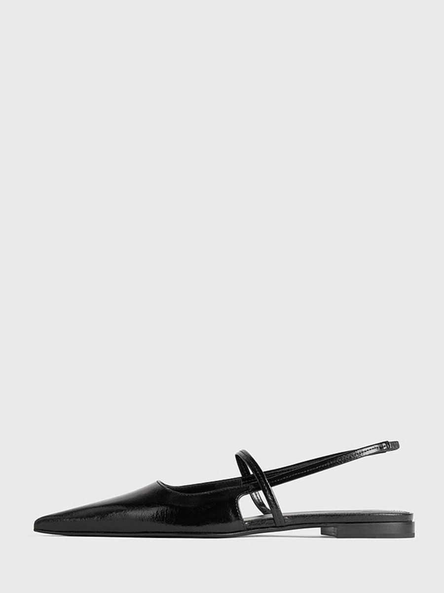Women’s Black Cowhide Pointed Toe Slingback Flat Sandals