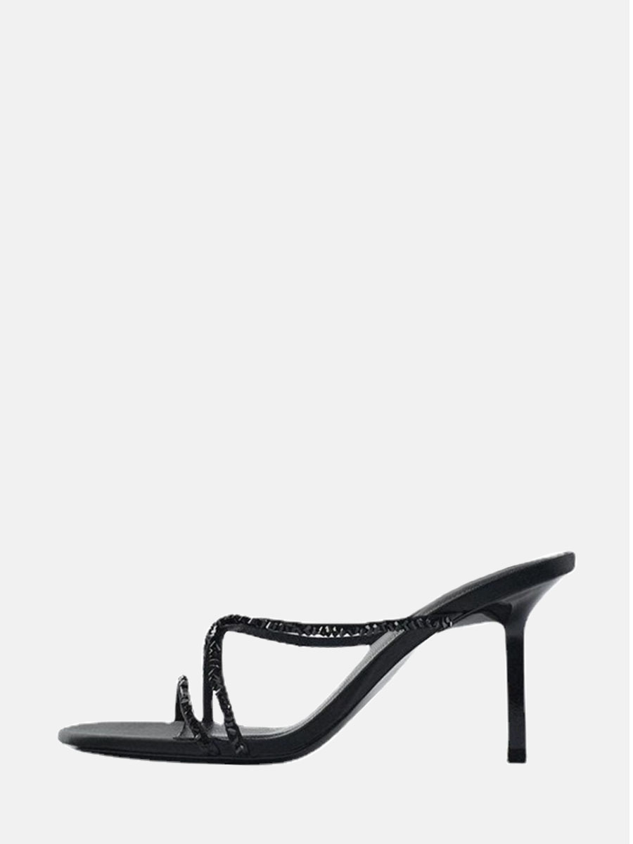 Women’s Black Crisscross Studded Stiletto Heel Mule Sandals