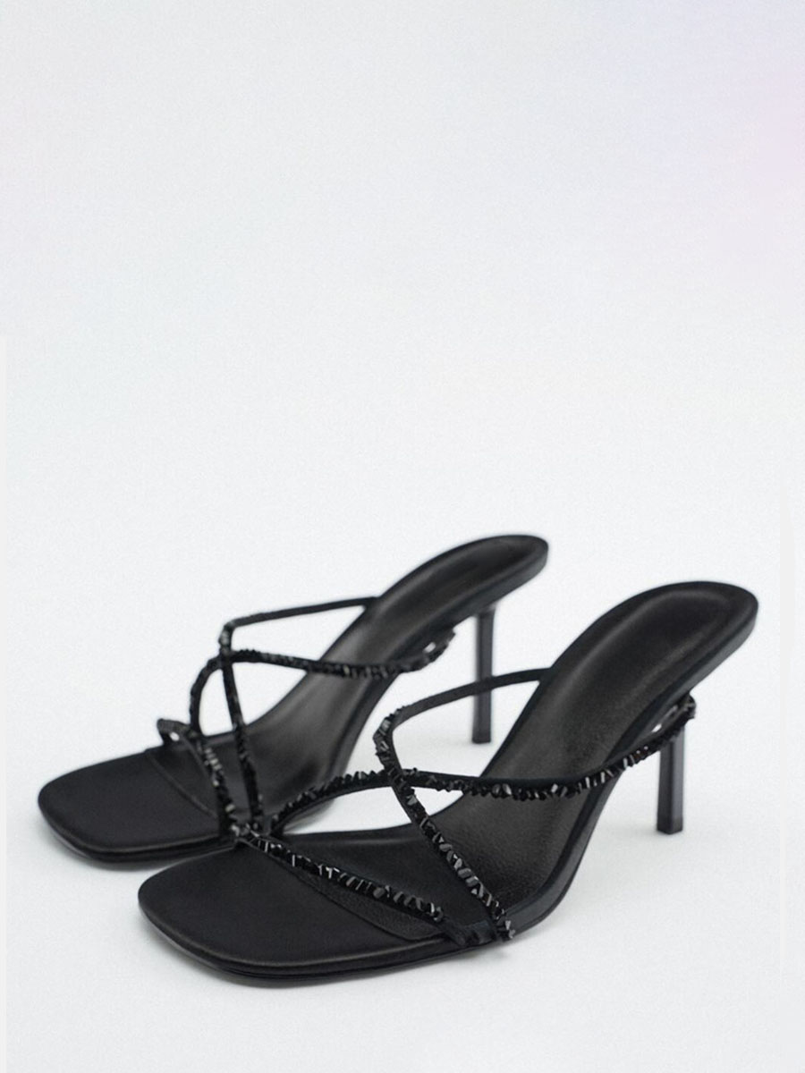 Women’s Black Crisscross Studded Stiletto Heel Mule Sandals (4)