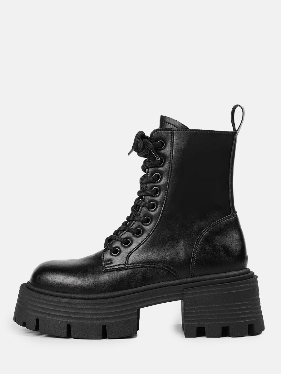Women’s Black Lace-Up Combat Boots Lug Sole Platform Block Heel Ankle Boots