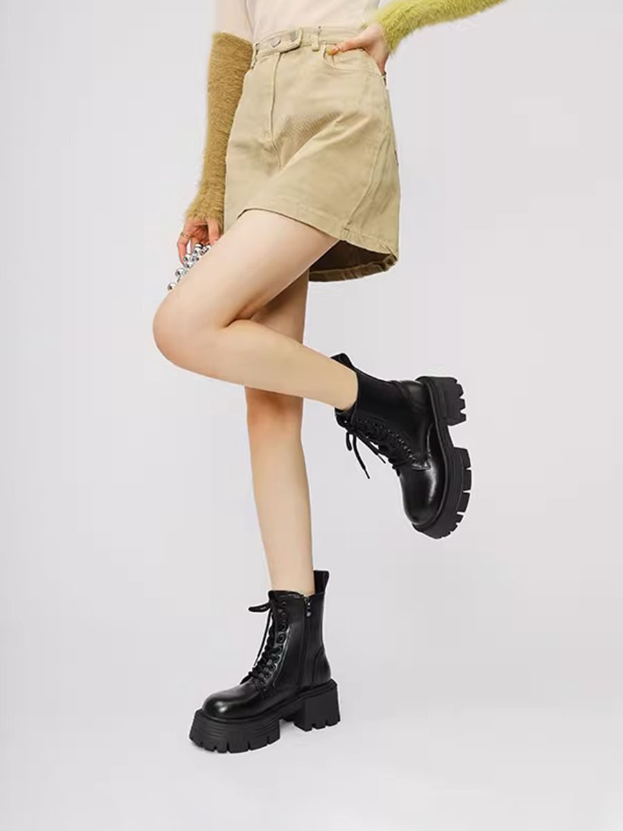 Women’s Black Lace-Up Combat Boots Lug Sole Platform Block Heel Ankle Boots (3)