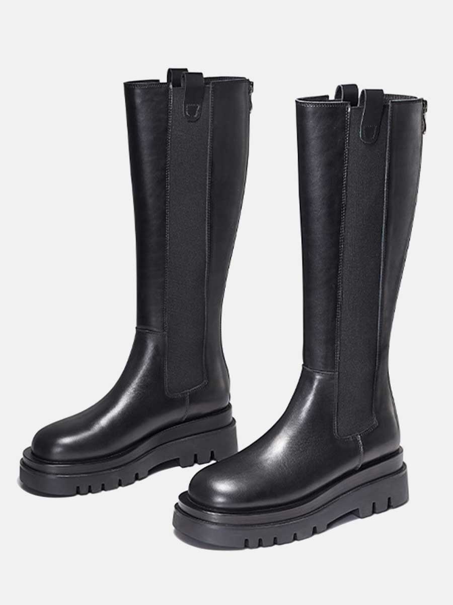 Women’s Black Leather Zipper Closure Round Toe Chunky Heels Knee High Boots (3)