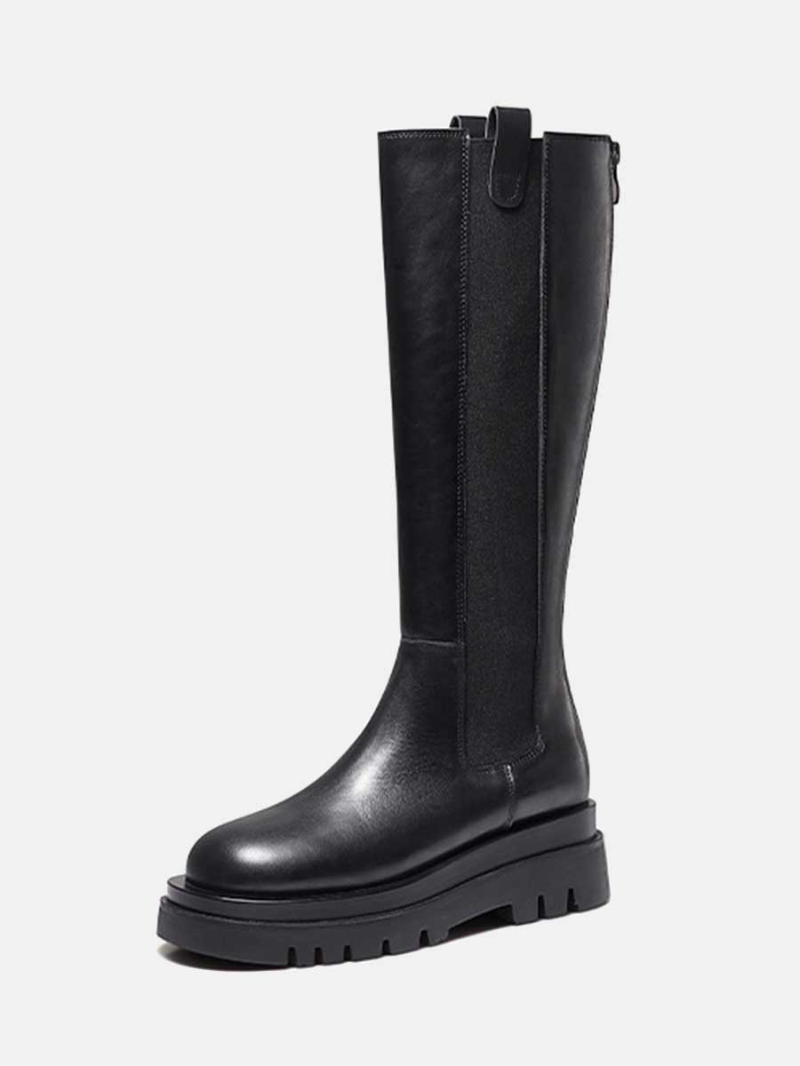 Women's Black Leather Zipper Closure Round Toe Lug Sole Platform Knee High Boots