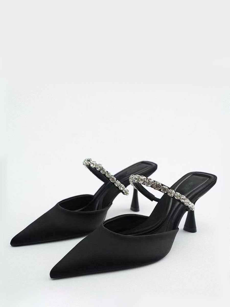 Women’s Black Mary Jane Mules Pointed Toe Rhinestones Kitten Heel Pumps (1)