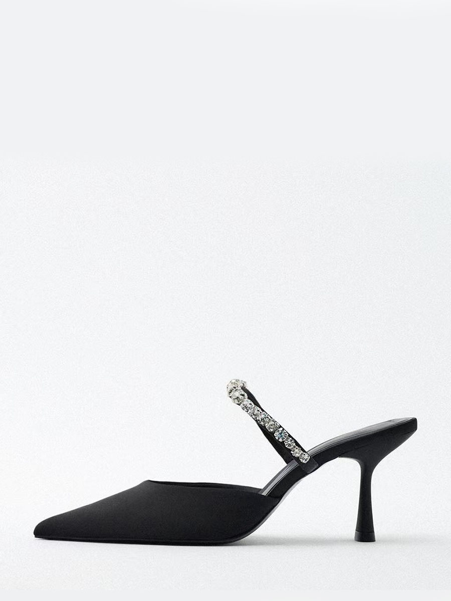 Women’s Black Mary Jane Mules Pointed Toe Rhinestones Kitten Heel Pumps