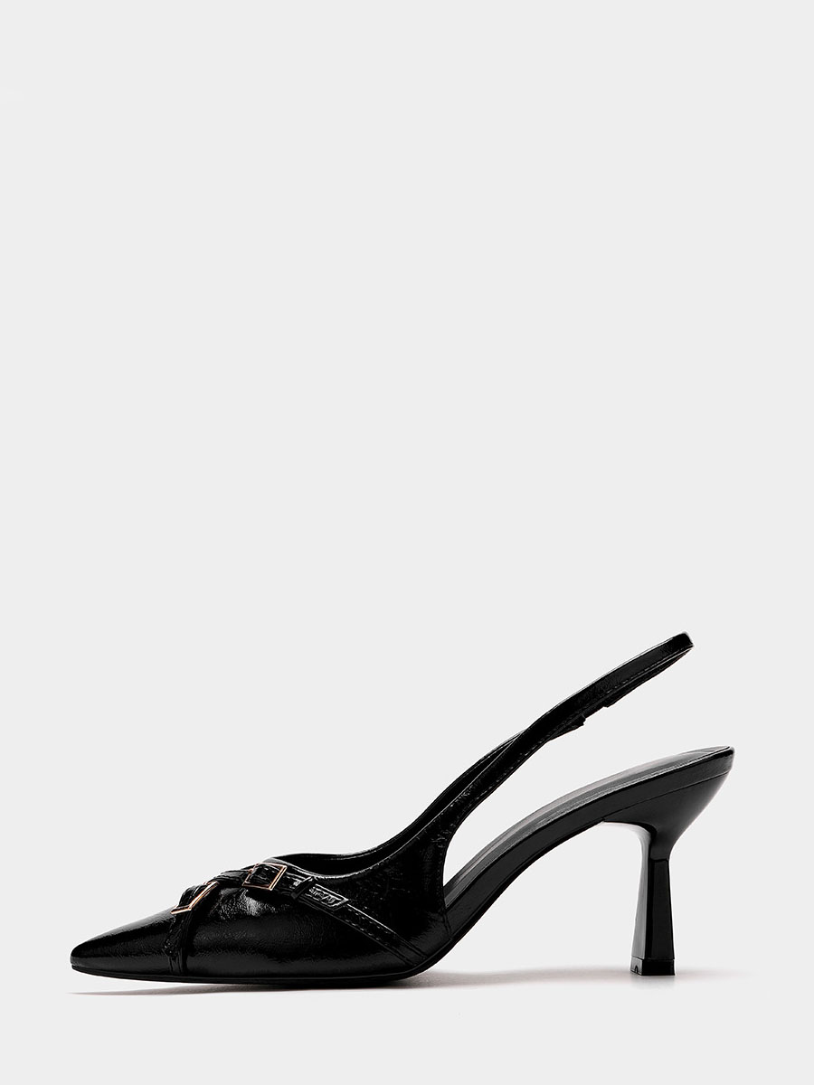 Women’s Black Oiled Microfiber Leather Slingback Heels Pointed Toe 2 Inch Stiletto Heel Pumps