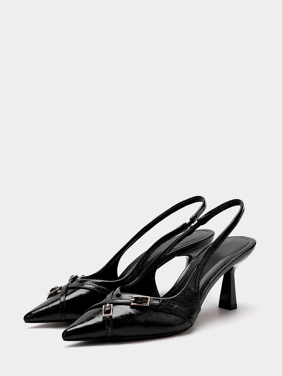Women’s Black Oiled Microfiber Leather Slingback Heels Pointed Toe 2 Inch Stiletto Heel Pumps (5)