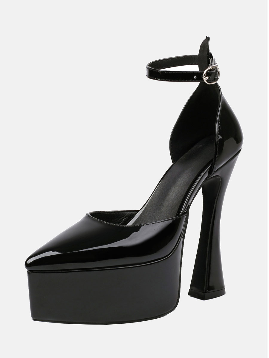 Women’s Black Patent Leather Ankle Strap Platform Chunky Spool Heel Pumps