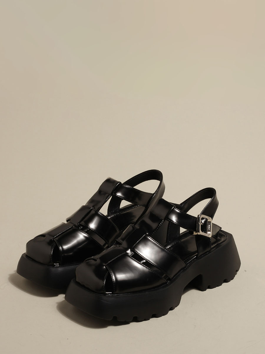Women’s Black Patent Leather Buckle 2.36 Inch Chunky Heels Platform Sandals (1)