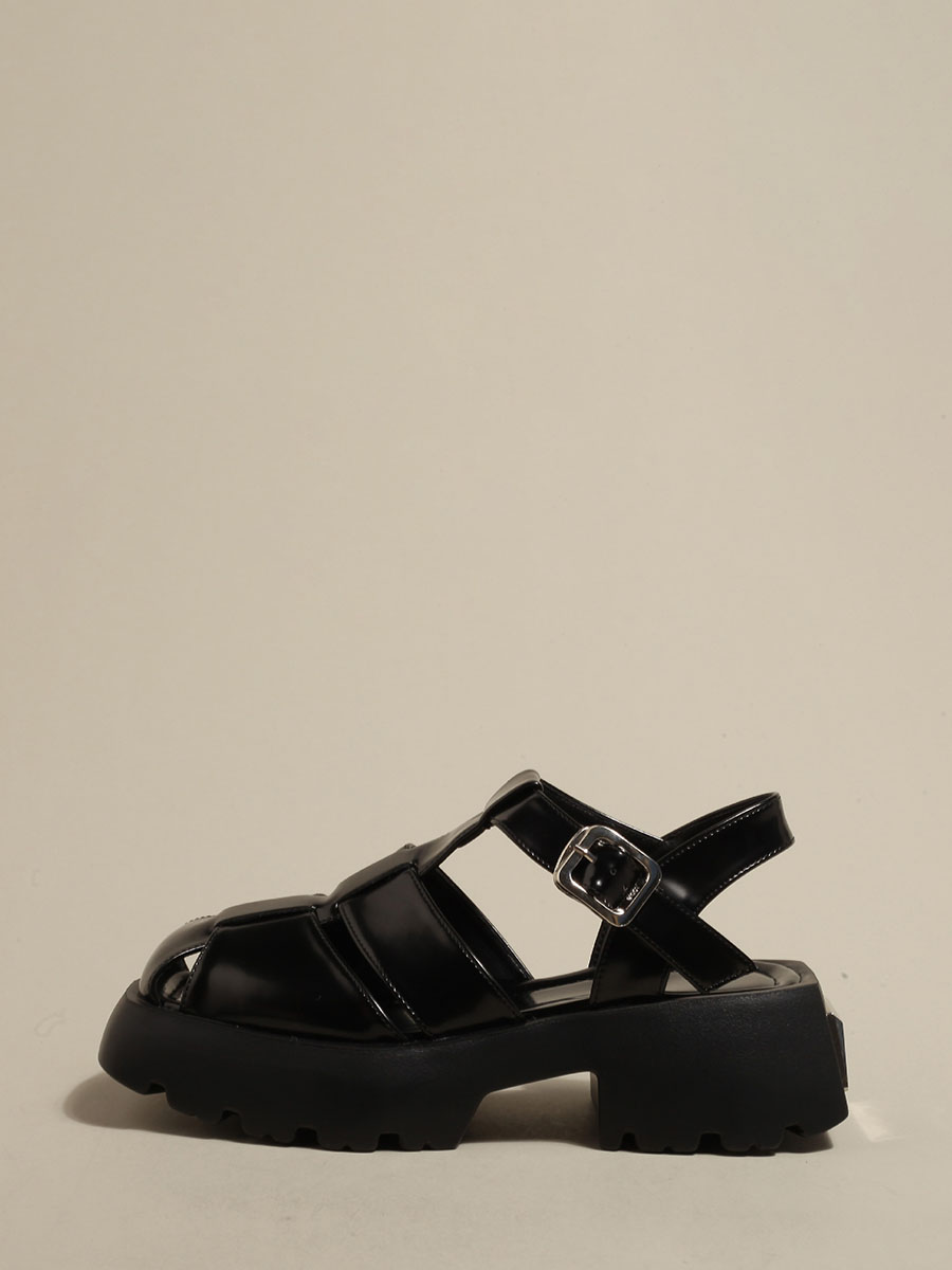 Women's Black Patent Leather Buckle Block Heels Lug Sole Platform Sandals