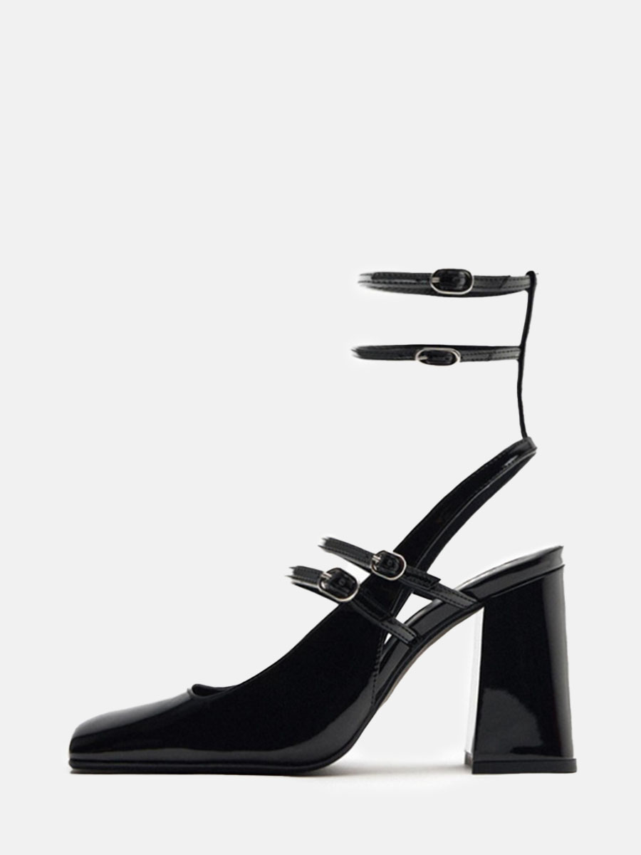 Women’s Black Patent Leather Slingback Mary Jane Heels Buckle 3.35 Inch Chunky Heel Pumps