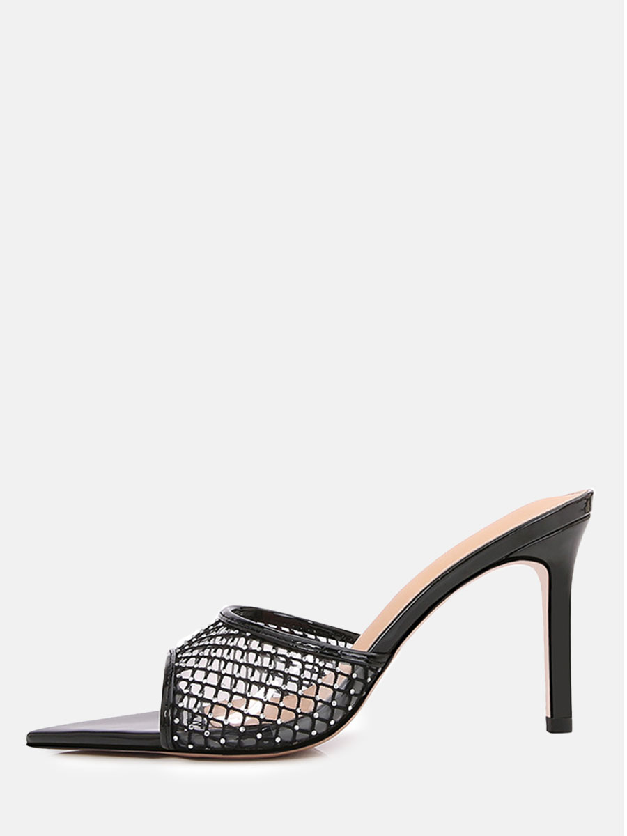 Women’s Black Patent Mesh Mules Rhinestones Stiletto Heel Sandals