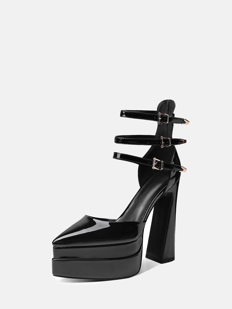 Women’s Black Patent Microfiber Ankle Strap Platform Chunky Heels (1)