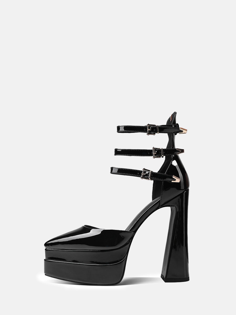 Women's Black Patent Microfiber Ankle Strap Platform Chunky Heels