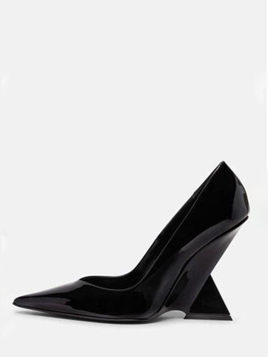 Women’s Black Patent Wedge Heels Pointed Toe Sculptural Pumps