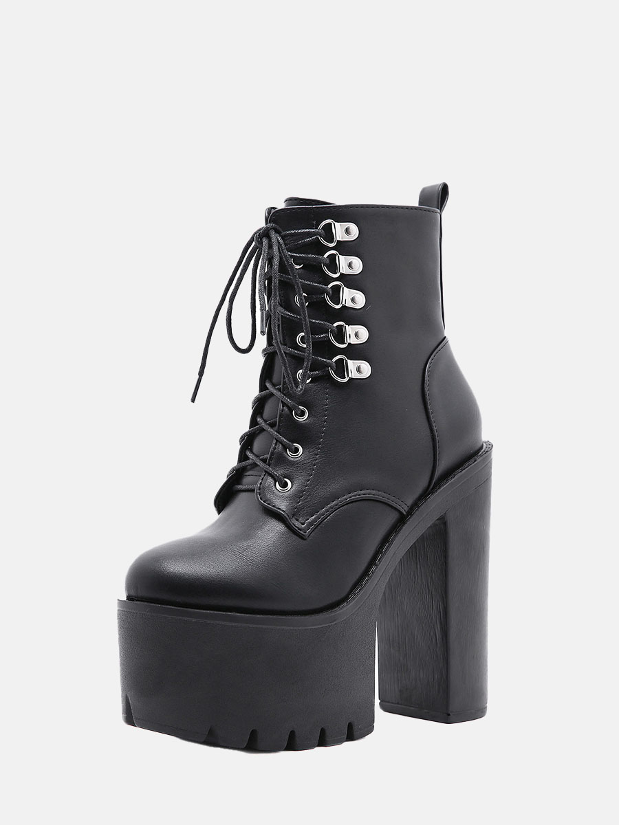 Women’s Black Platform Ankle Boots Round Toe Lace-Up Zipper 5.91 Inch Chunky Heels (2)