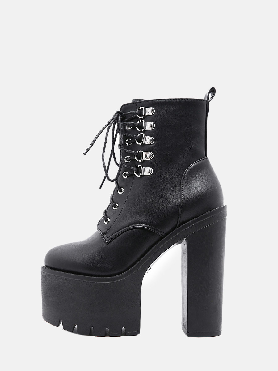 Women’s Black Platform Ankle Boots Round Toe Lace-Up Zipper 5.91 Inch Chunky Heels