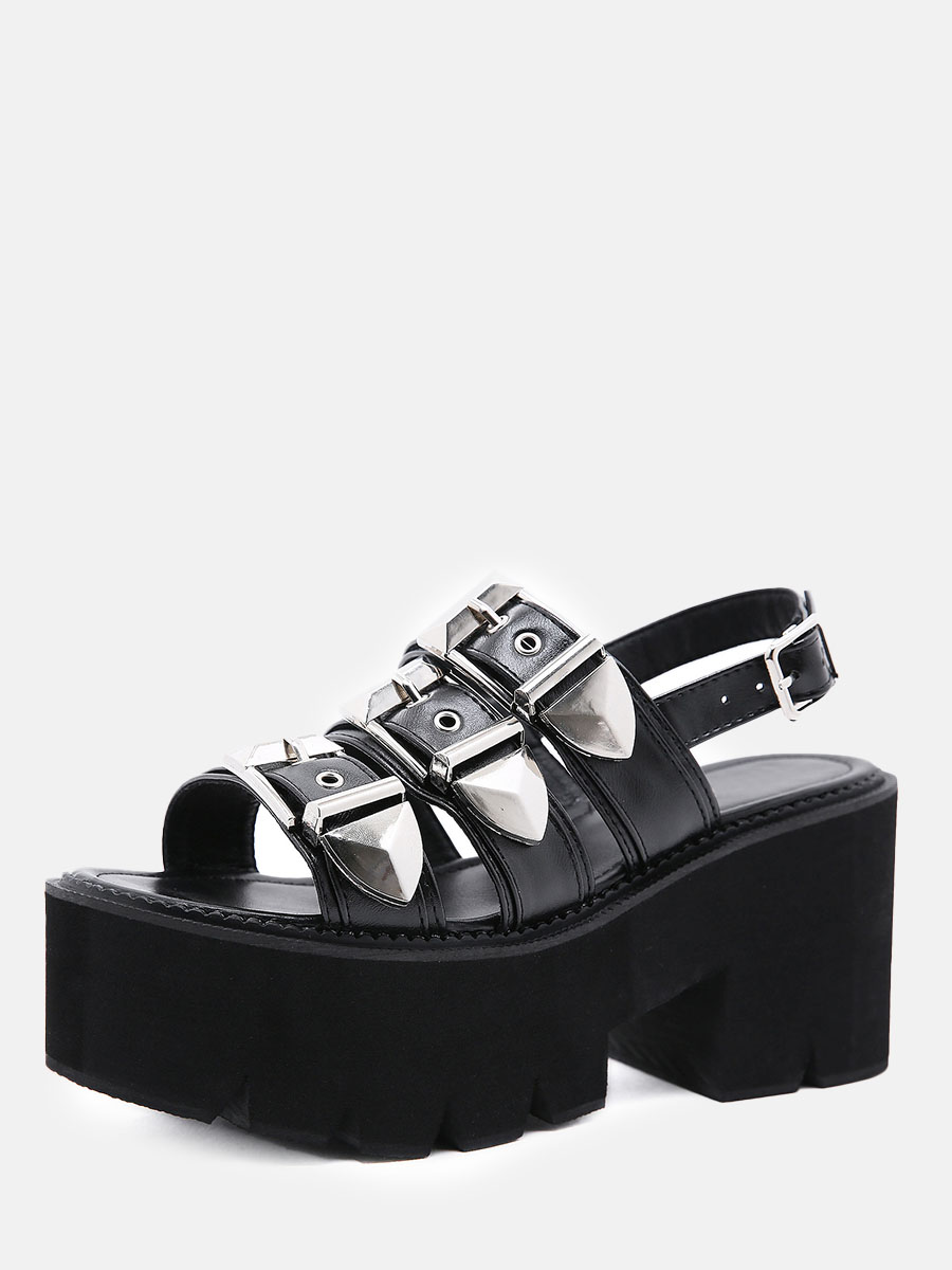 Women’s Black Platform Sandals Open Toe Buckle 3.35 Inch Chunky Heels Gladiator Sandals (7)