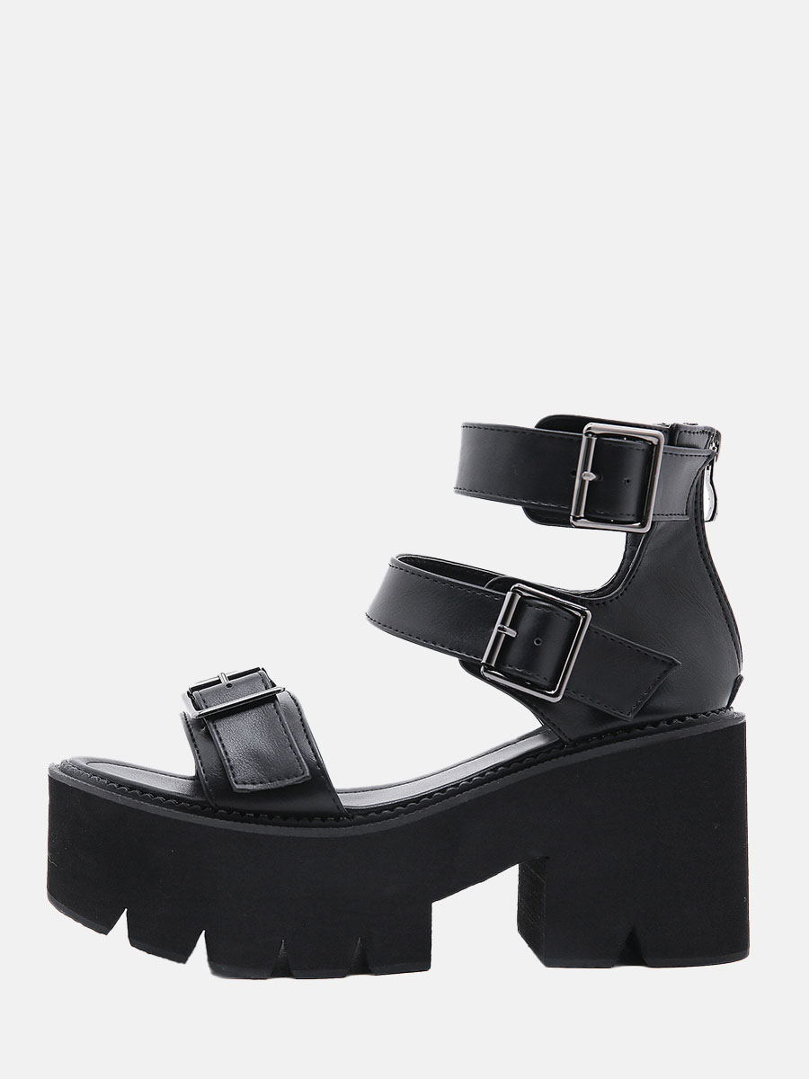 Women’s Black Platform Sandals Open Toe Buckle Strappy 3.15 Inch Block Heels