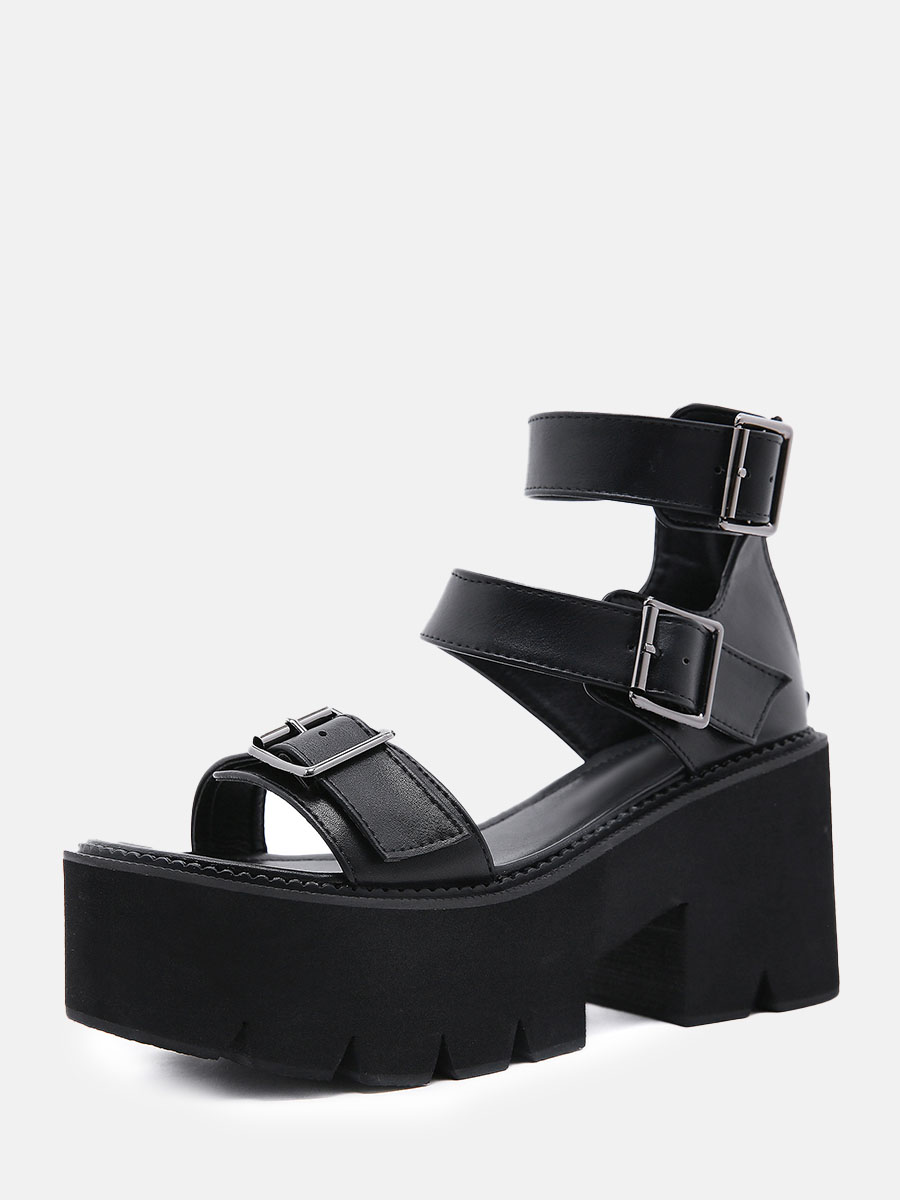 Women’s Black Platform Sandals Open Toe Buckle Strappy 3.15 Inch Block Heels (3)
