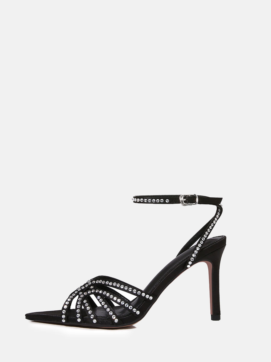 Women's Black Satin Ankle Strap Rhinestone Embellishment Slingback Pointed Top Stiletto Heels Sandals
