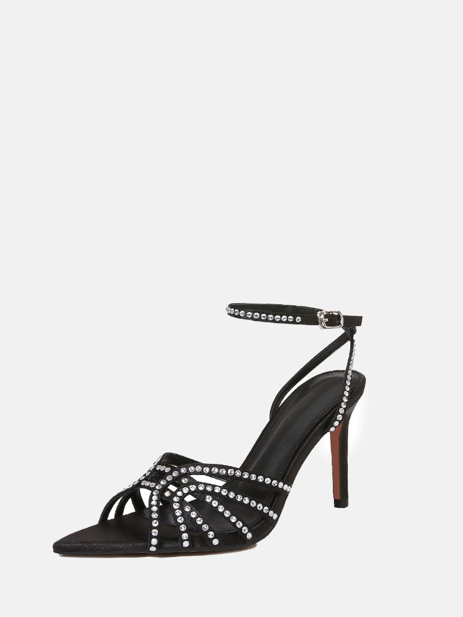 Women’s Black Satin Ankle Strap Rhinestone Embellishment Slingback Pointed Top Stiletto Heels Sandals (6)