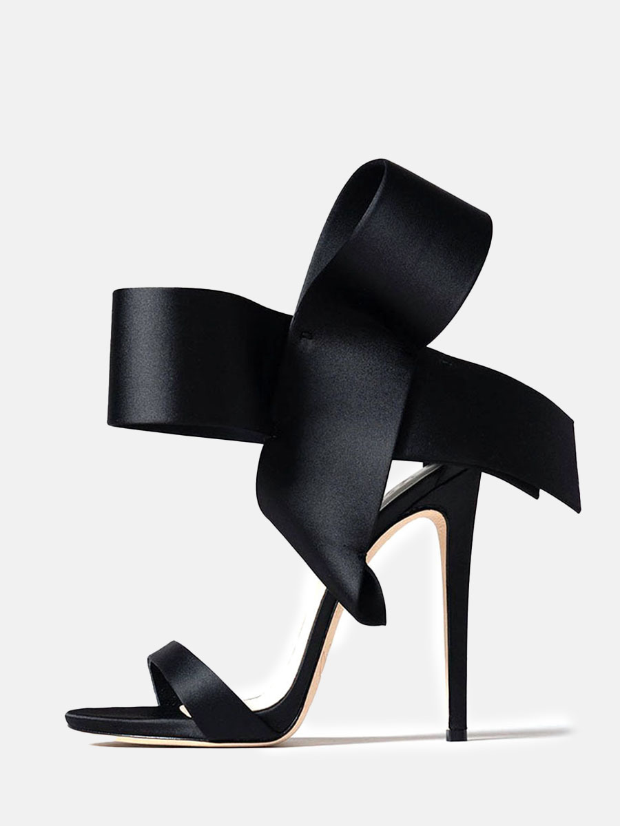 Women's Black Satin Ankle Strap Stiletto Heels Sandals with Bowknot