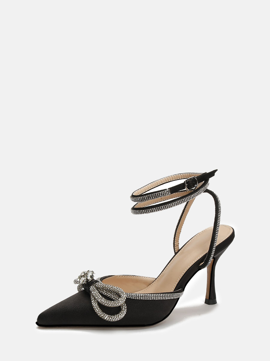 Women’s Black Satin Rhinestone Bows Ankle Strap Stiletto Heels Pump (2)