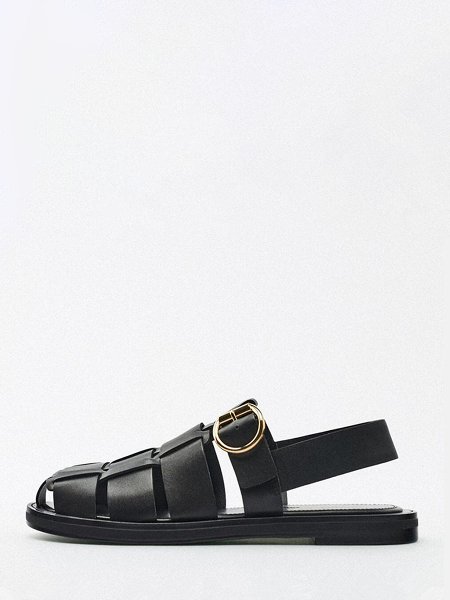 Women’s Black Slingback Woven Gladiator Sandals Buckle Flat Sandals