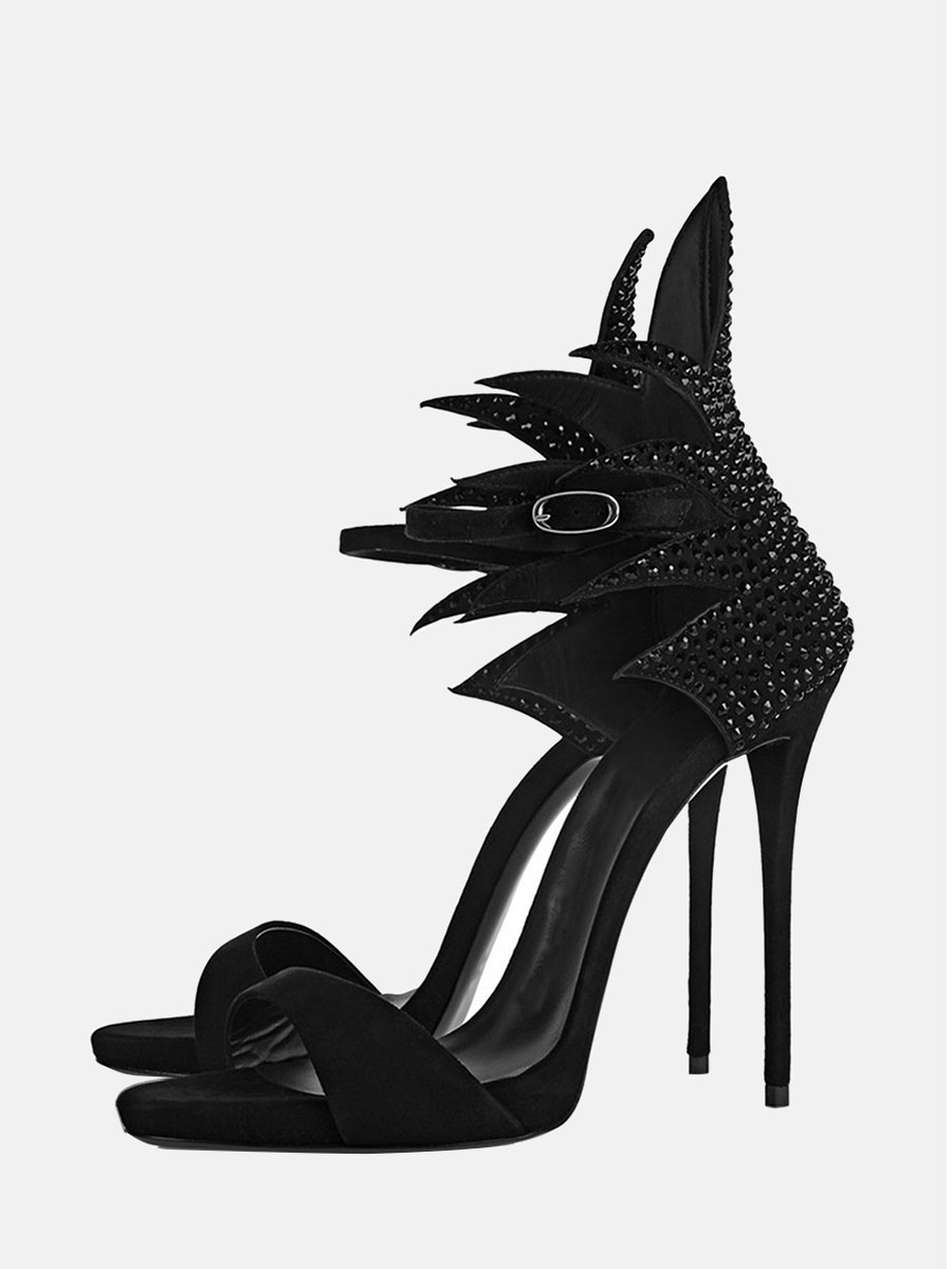 Women’s Black Suede Ankle Strap Rhinestones Stiletto Heel Sandals (1)