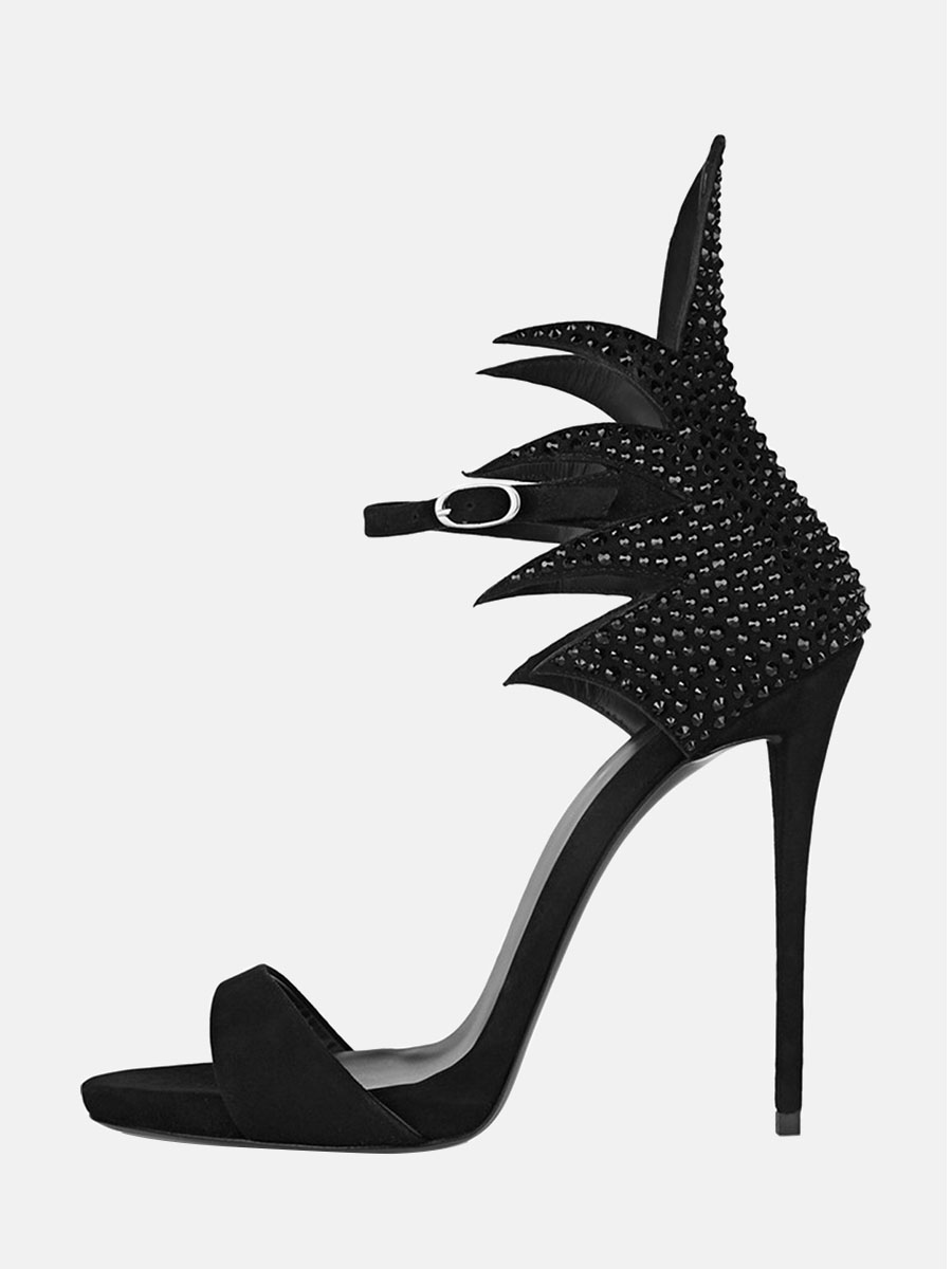 Women’s Black Suede Ankle Strap Rhinestones Stiletto Heel Sandals