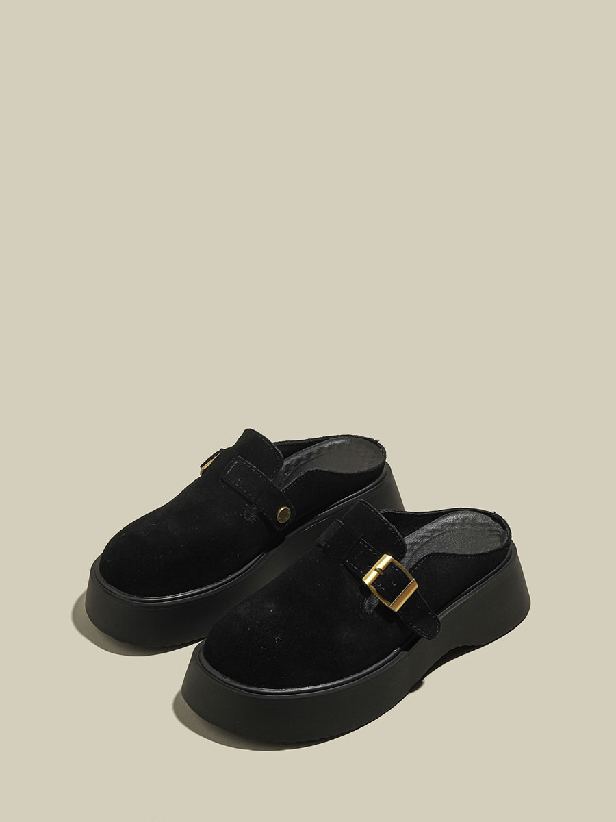 Women’s Black Suede Cowhide Buckle Detail Lug Sole Platform Round Toe Mules (1)