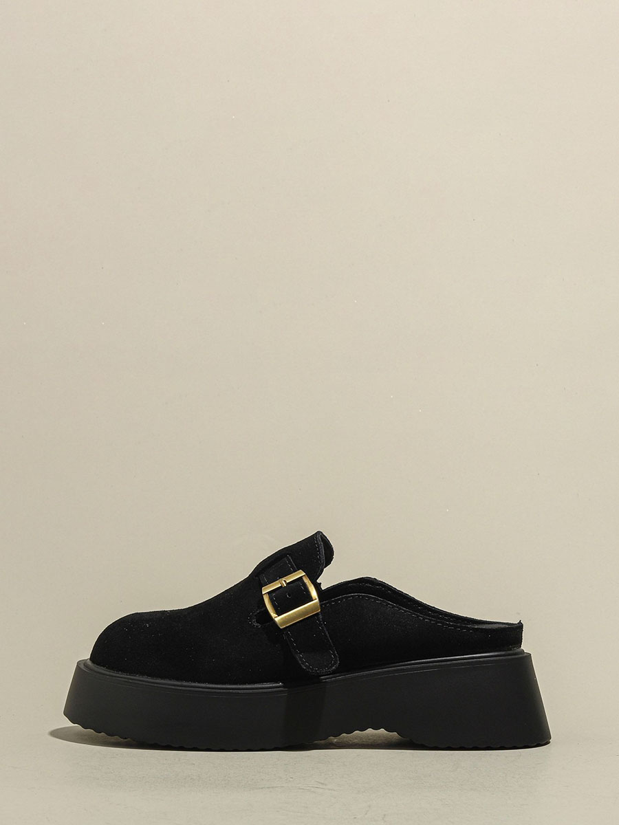 Women's Black Suede Cowhide Buckle Detail Lug Sole Platform Round Toe Mules