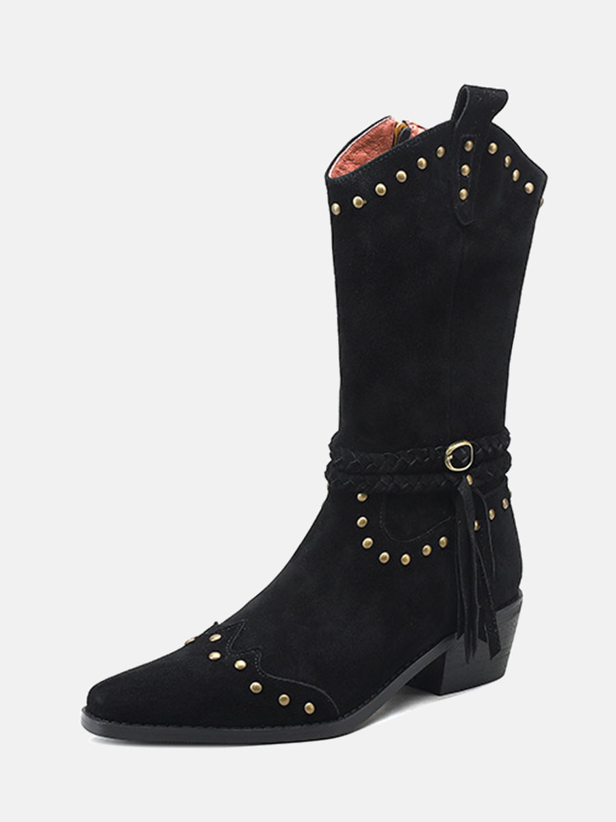 Women's Black Suede Cowhide Leather Studs Tassels Block Heels Mid Calf Western Boots