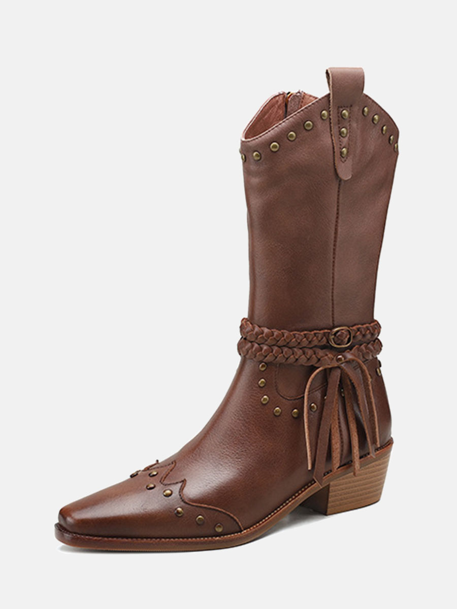 Women's Coffee Cowhide Leather Studs Tassels Block Heels Mid Calf Western Boots