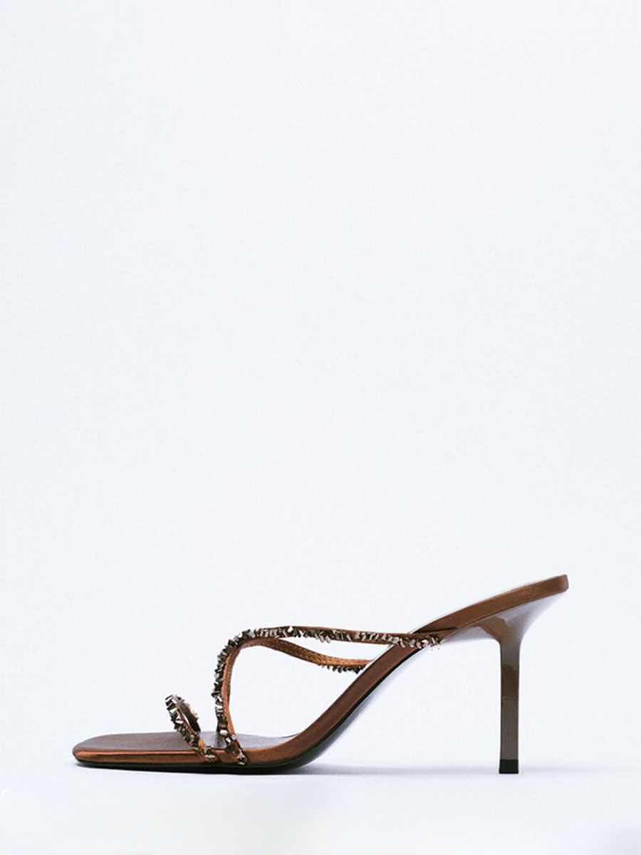 Women’s Brown Crisscross Studded Stiletto Heel Mule Sandals