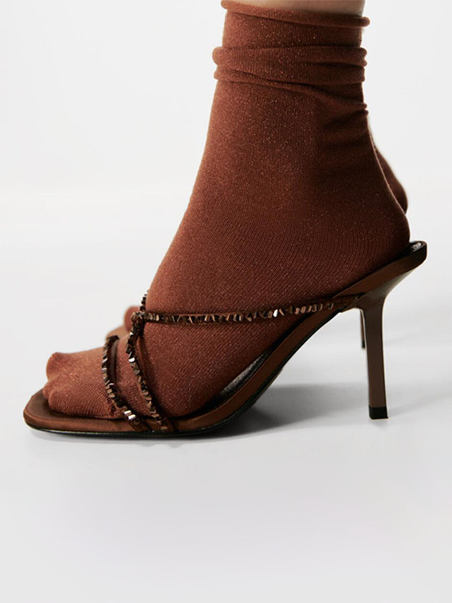 Women’s Brown Cross Over Studded Stiletto Heel Mule Sandals (4)