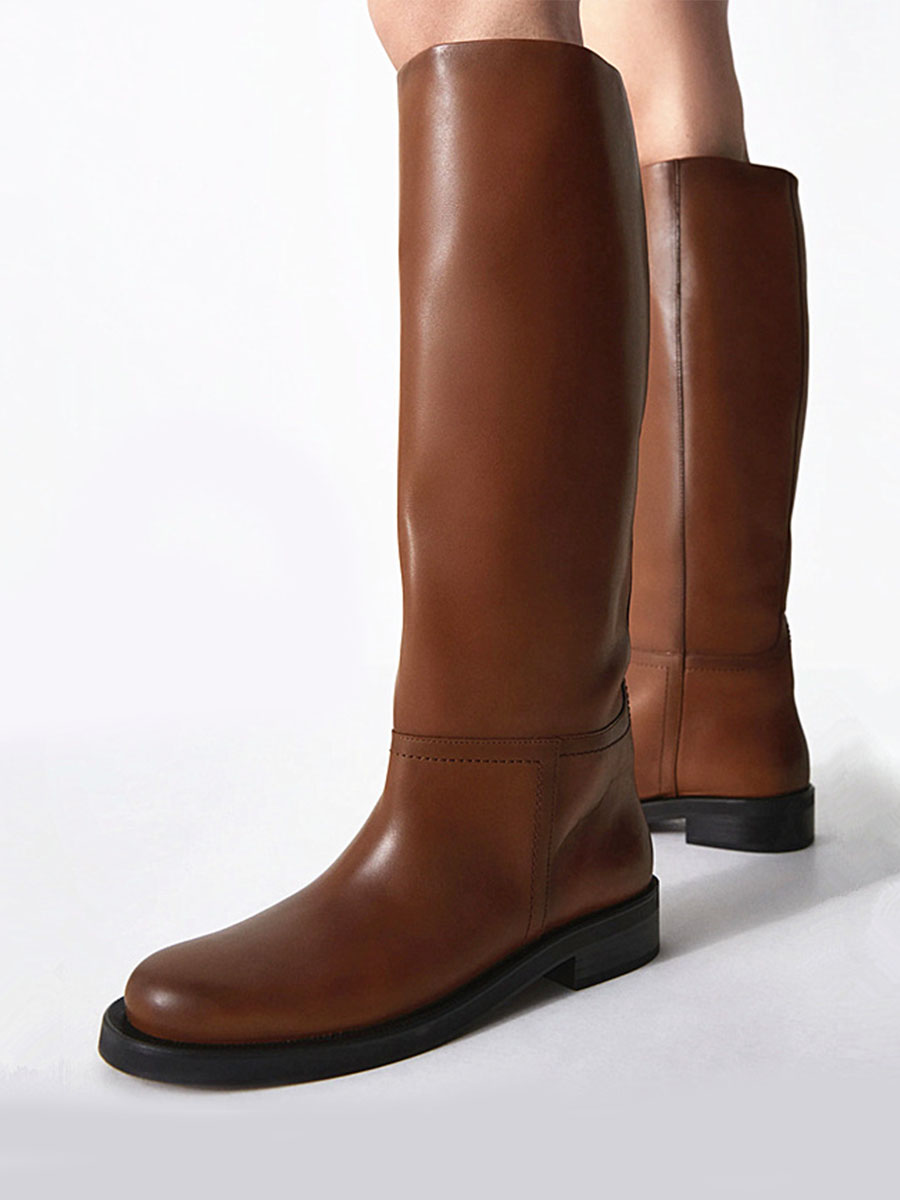 Women’s Brown Microfiber Round Toe Low Block Heel Knee High Boots (2)