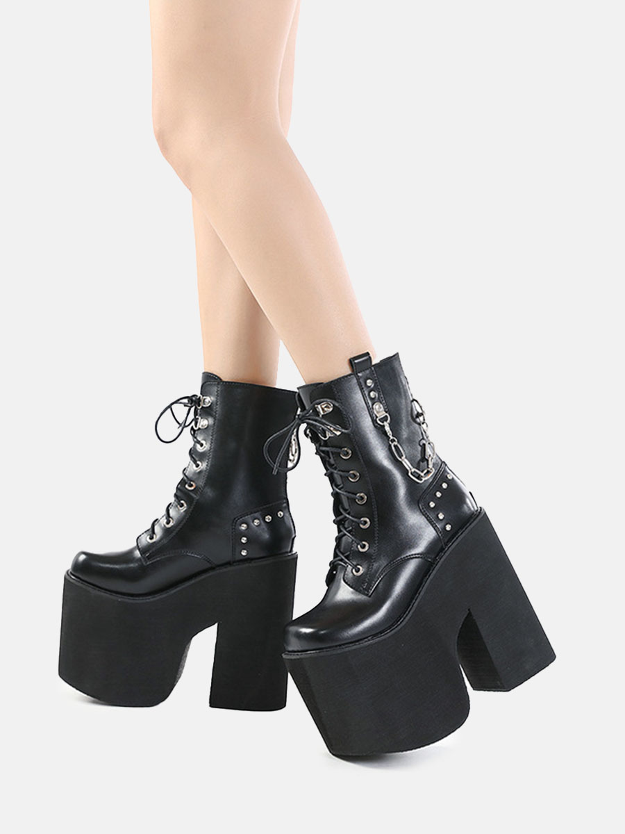 Women’s Chunky Heel Platform Ankle Boots Lace Up Chains Rhinestones Combat Boots (4)