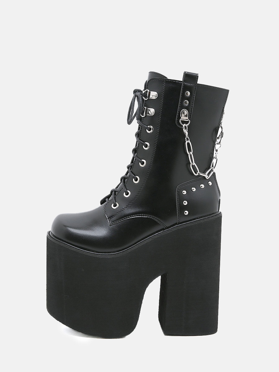 Women's Chunky Heel Platform Ankle Boots Lace Up Chains Rhinestones Combat Boots