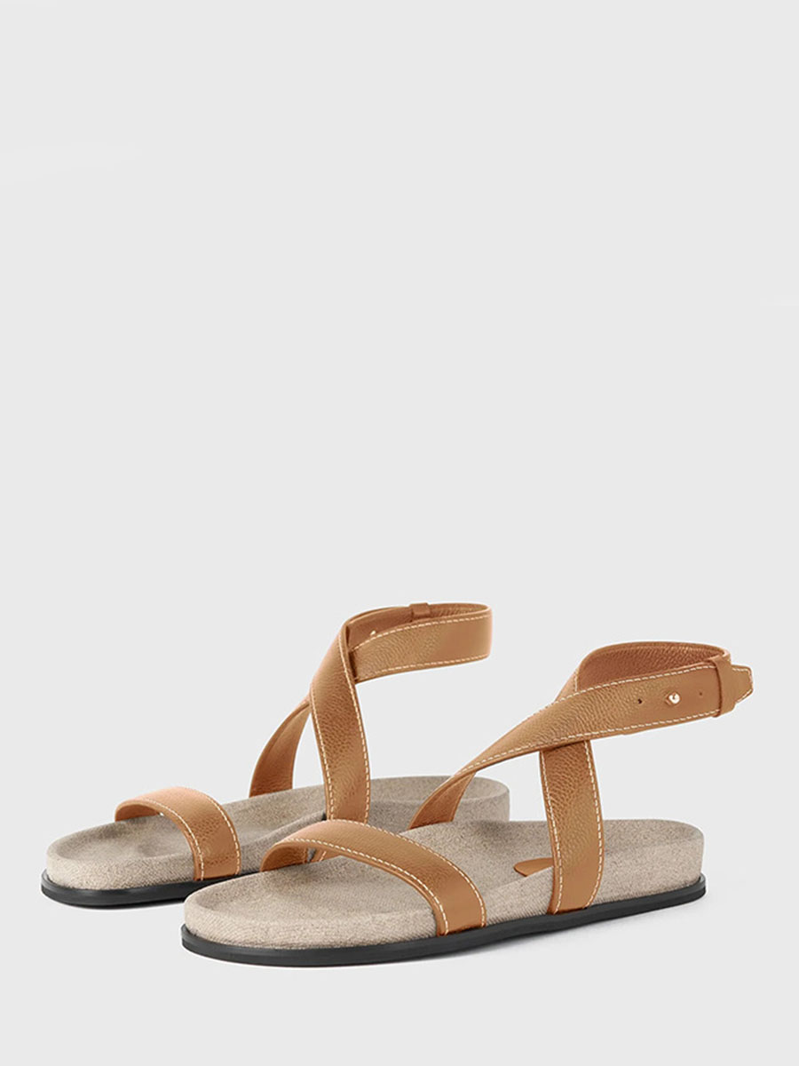 Women’s Cowhide Leather Cross Ankle Strap Flat Sandals (1)